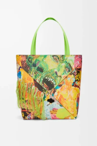 XL Puzzle Fold Tote aus klassischem Kalbsleder in Vivid Green/Multicolor