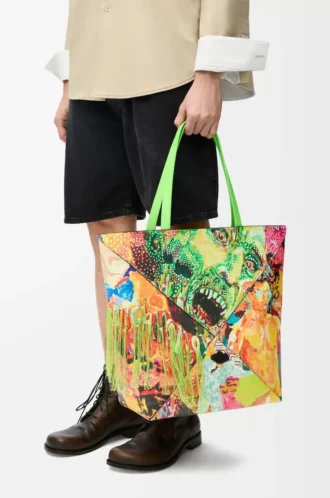 XL Puzzle Fold Tote aus klassischem Kalbsleder in Vivid Green/Multicolor