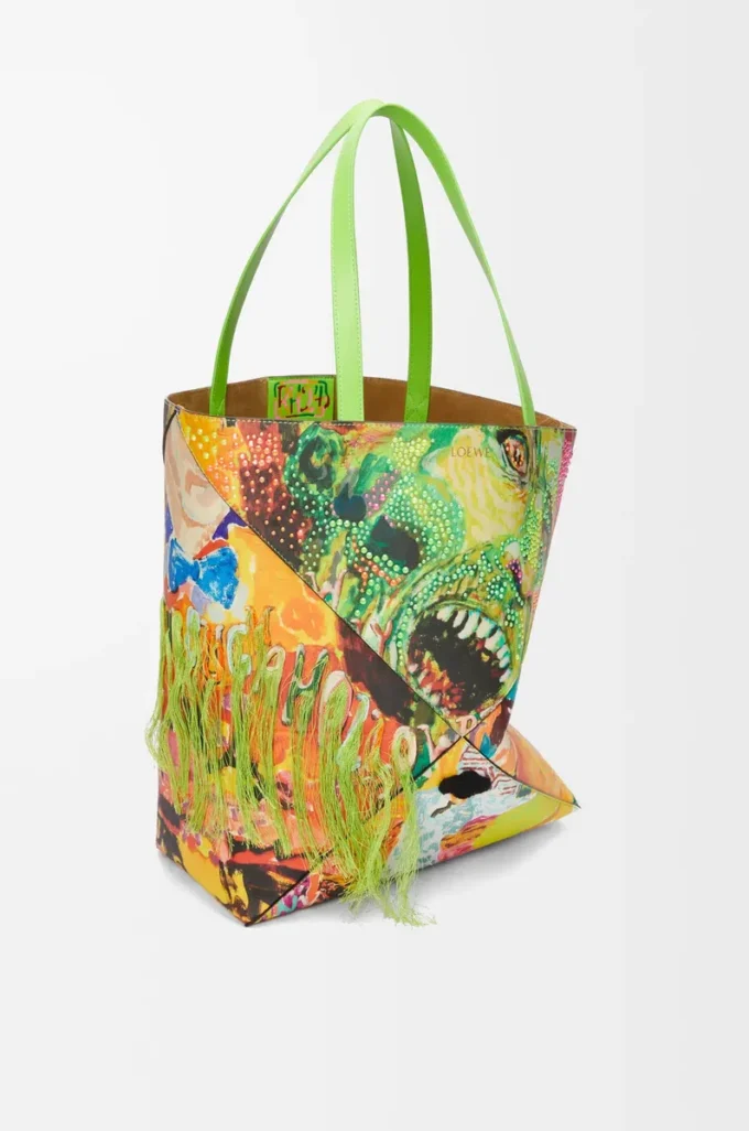 XL Puzzle Fold Tote aus klassischem Kalbsleder in Vivid Green/Multicolor