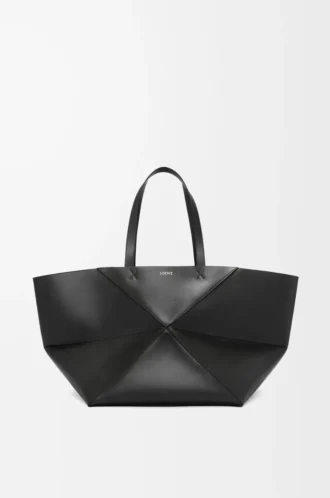 XXL Puzzle Fold Tote aus glänzendem Kalbsleder Schwarz