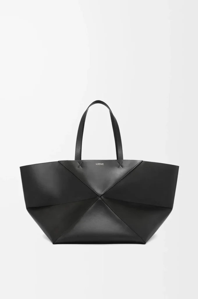 XXL Puzzle Fold Tote aus glänzendem Kalbsleder Schwarz