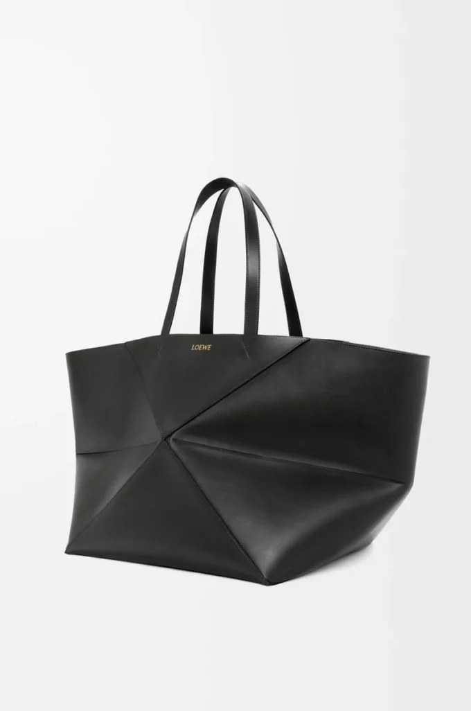XXL Puzzle Fold Tote aus glänzendem Kalbsleder Schwarz