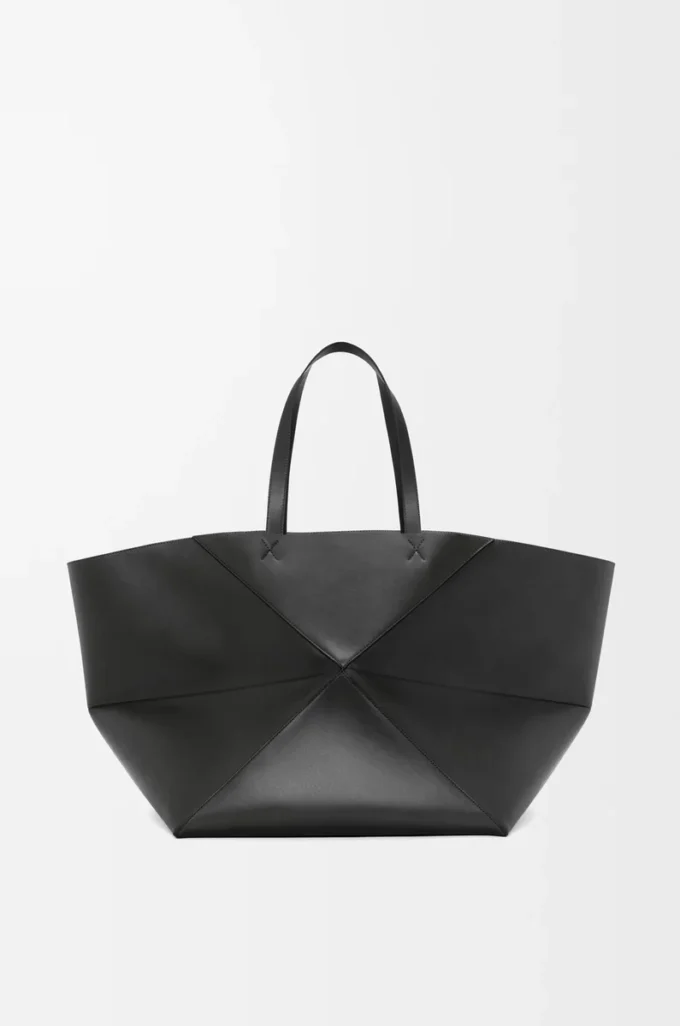 XXL Puzzle Fold Tote aus glänzendem Kalbsleder Schwarz